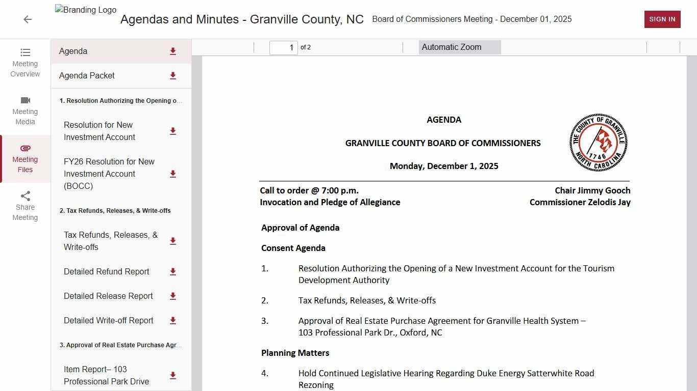 Board of Commissioners Meeting • Agendas and Minutes - Granville County, NC • CivicClerk