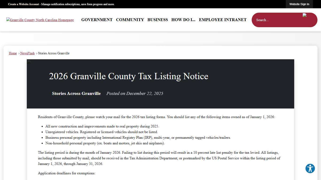 2026 Granville County Tax Listing Notice • Granville County, NC
